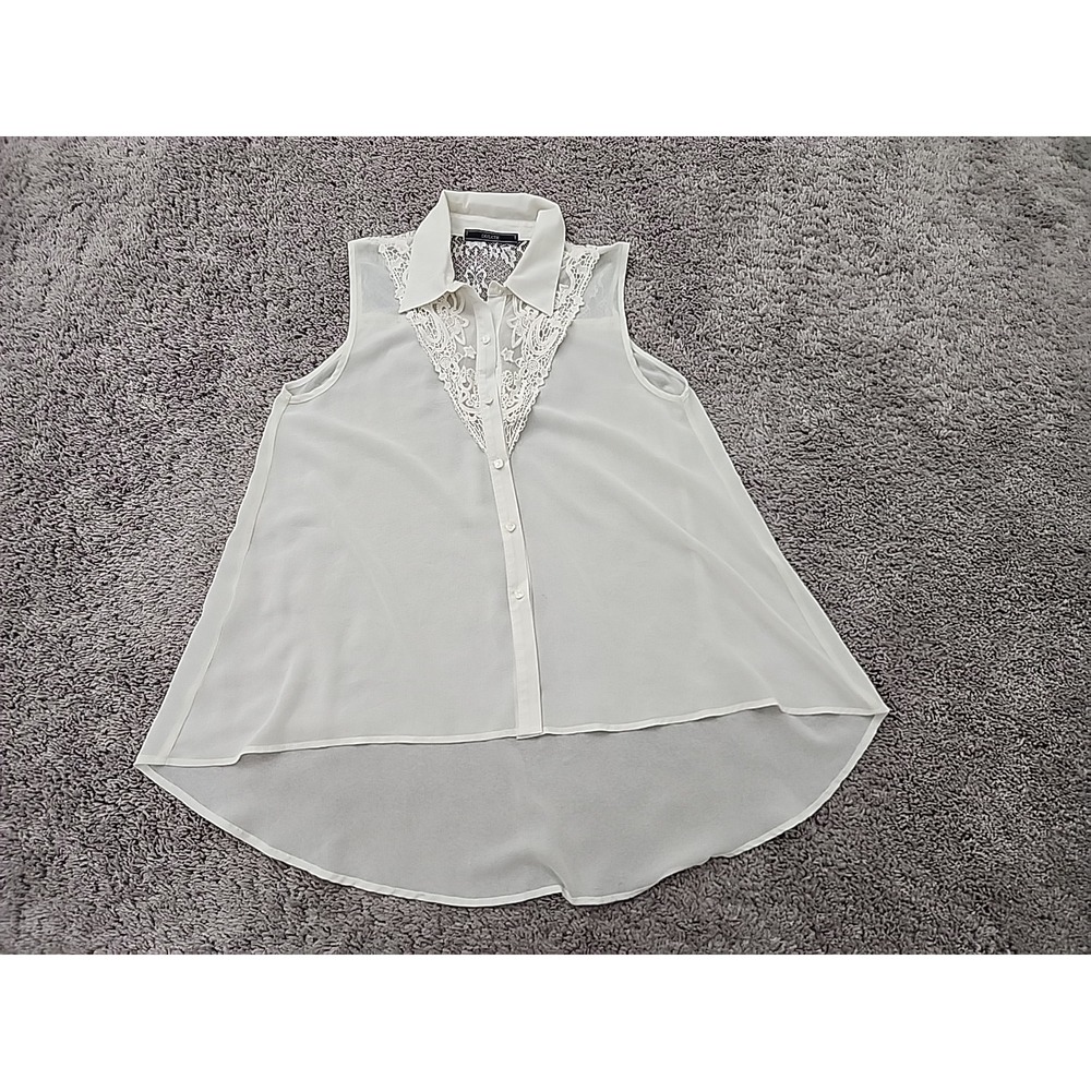 Dulcie Blouse Womens M Off White Chiffon Lace Button Up Sleeveless High Low Hem